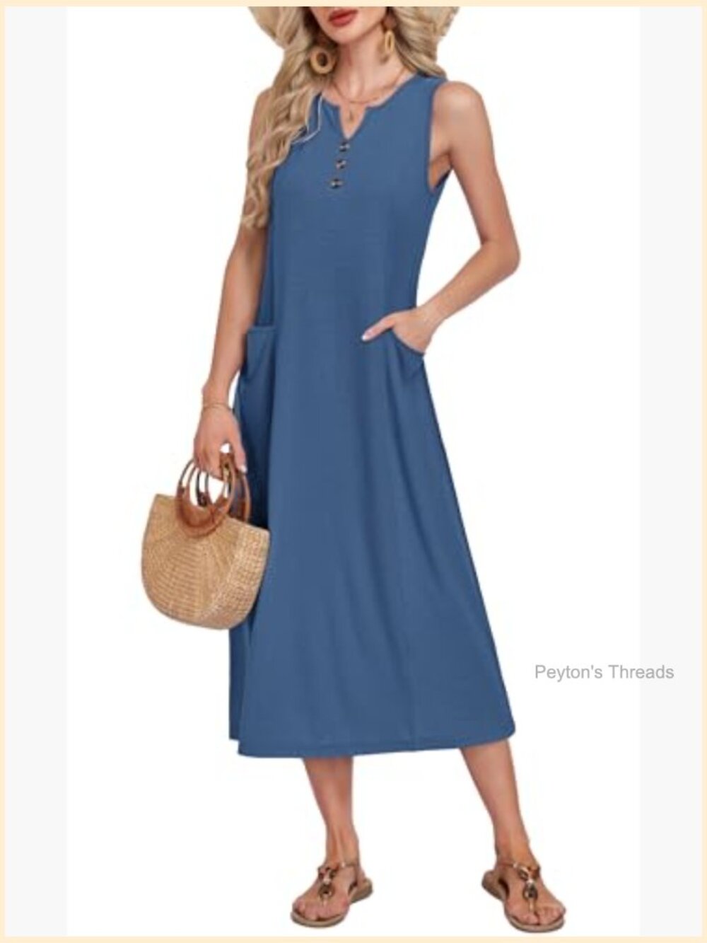 Casual Midi Dress V Neck Sleeveless Summer Beach Button Down with Pockets - Picture 4 of 7